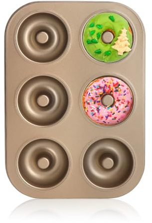 TLDBATICE Molde para donuts, 6 unidades, antiadherente, acero al carbono, antiadherente, apto para lavavajillas, resistente al calor, dorado, para cocina, horno, postre, hornear