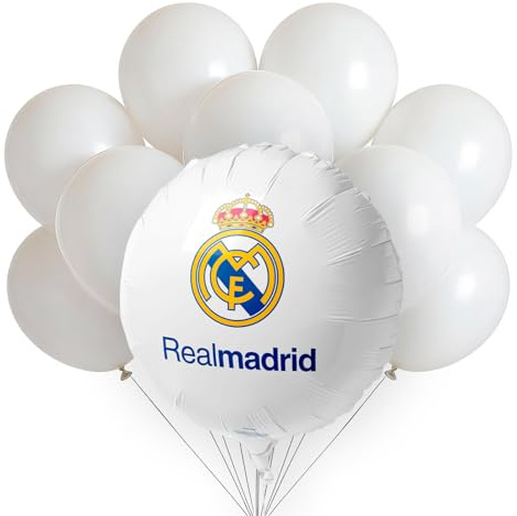 OH YEAH - Decoración Cumpleaños Real Madrid LICENCIA OFICIAL - Globo Foil Escudo Ø 45 cm + 10 Globos Látex Blanco - Fiestas Infantiles - Ambiente Futbolero - Comuniones y Eventos Temáticos