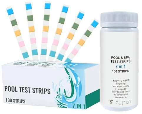 Poolvattenteststickor | 100-Pack 7-I-1 Noggrann Och Testning,Spa-teststickor för bubbelpool - för analys av hårdhet, alkalinitet samt syra i dammar, akvarier, fiskakvarier, saltvatten och