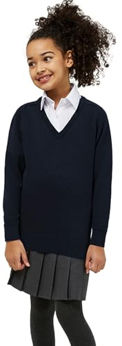 Trutex Kids Navy Blue School Jumper – Plain V Neck 100% Cotton Knit, Long Sleeve Standard Fit School Uniform Sweater for Boys and Girls - (14 Years)