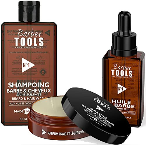 Kit cosmetico da barba - Olio da barba 30ml + Balsamo da barba - 30ml + Shampoo da barba 80ml | Per la cura e la manutenzione della barba - Prodotto in Francia ✮ BARBER TOOLS ✮