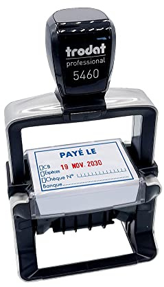 Trodat 5460L20 Professional Line 4.0 Tampon Dateur - encrage automatique rechargeable, encre de couleur bleu et rouge, format de l‘impression 56 x 33 mm - PAYÉ LE / BANQUE - 12 bandes année