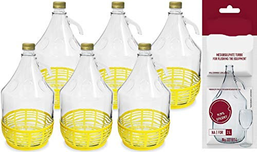 lilawelt24 6 STÜCK 5L Flasche mit Schraubverschluß und Schutzkorb+ Schwefelpulver GLASBALLON Weinballon GÄRBALLON GLASFLASCHE Gallone Flasche Leere zum Befüllen