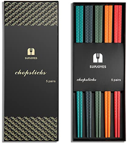 SUPJOYES Reusable Fiberglass Chopsticks, Multicolour Chop Sticks 5 Pairs Dishwasher Safe, 24cm