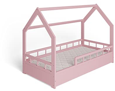 ms factory Hausbett Kinderbett 80x160 cm mit Rausfallschutz und Lattenrost - Einzelbett aus Kiefernholz für Mädchen und Junge - Rosa
