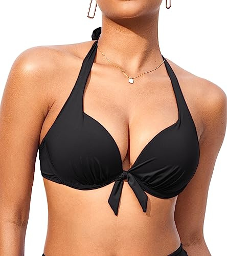 DOBREVA Women's Push Up Bikini Top Vadderad Sexig Halter Self Tie Badkläder, BH Storlekar Svart 90D