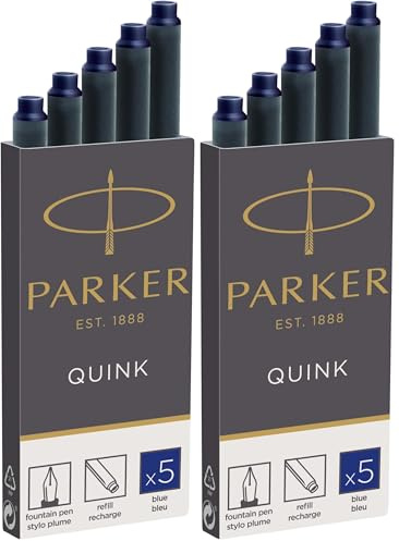 Parker Fountain Pen Ink Refill Cartridges | Long | Blue QUINK Ink | 5 Count (Pack of 2)