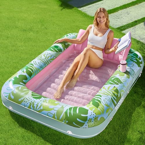 SLOOSH Pool Inflatable TanningLounger Float, 70 x 46 Extra Large Pool Floats Adult with Pillow, 4 in 1 Suntan Tub Raft Floatie,Sunbathing Bed Lounge for Water Blow Up Party Gifts, L-Cyan Pink