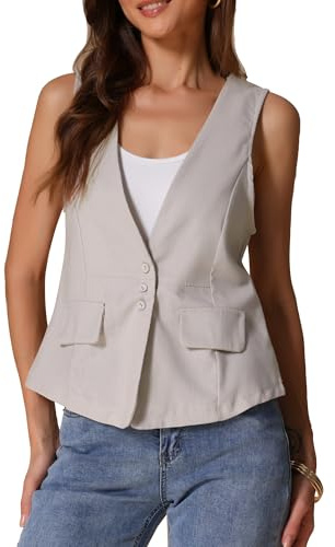 Allegra K Dam ledig linneväst, lätt ärmlös jacka, lätt kavaj, Beige, M