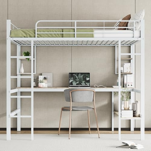 HYSZ Cama alta, 140 x 200 cm, estructura de metal, cama de hierro con escritorio, sin colchón, cama alta con cuatro estantes pequeños y una gran estantería para niños, adolescentes y adultos, color