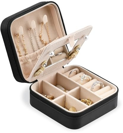 YoHyien Travel Jewellery Box for Women, Small Jewelry Box with Mirror, Mini Portable Travel Jewelry Case, PU Leather Jewellery Organiser for Rings, Earrings, Necklace, Gift for Teenage Girls (Black)