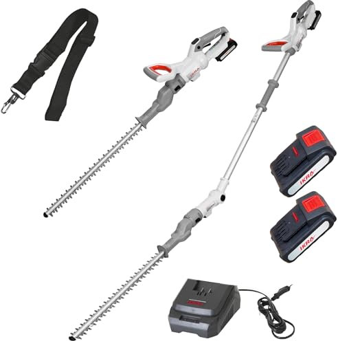 IKRA Tijeras Cortasetos 2 en 1 ICPH 2050 con pértiga telescópica para setos Altos, Incl. 2 baterías de 20 V, estación de Carga rápida y Cinta de Hombro