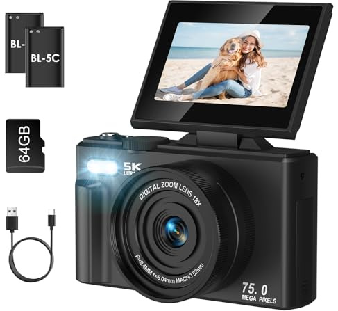 SOPPY 5K Digitalkamera Fotokamera 75MP Vlogging Kamera 3,0 Zoll 180°Flip-Screen Kompaktkamera mit 64GB Speicherkarte, 18X Digitalzoom, Mini Digitalkamera für Jungen Mädchen Anfänger, Schwarz