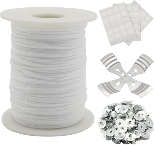 joonnair Mechas para Velas, 61 m mechas para Velas, mechas de algodón sin Humo con portamechas y Pegatinas, para aromaterapia de Velas de Bricolaje