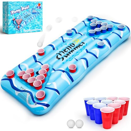 Popolic Pool Pong Game 150x75cm - Aufblasbare Luftmatratze mit Getränkehalter für Pool, Inklusive 24 Bechern und 2 Bällen, Schwimmring Erwachsene für Wasserspaß im Sommer
