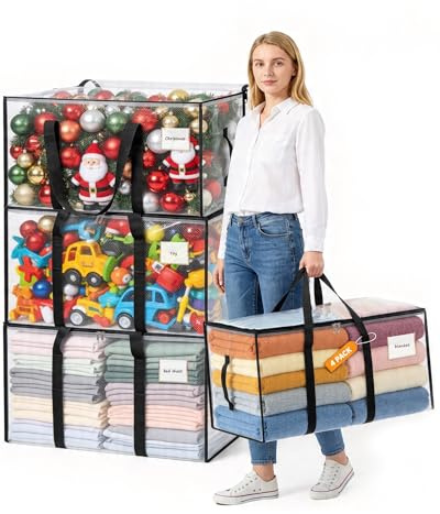 Acual 4 PCS 90L Grands Sac de Rangement Vêtements, Sac Déménagement Pliable | Renforcé, Imperméable Transparent, avec Fermeture Éclair et Poignées de Transport, Alternative aux Cartons de Déménagement