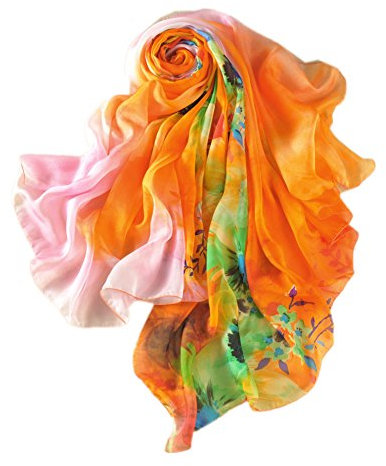 Prettystern Damen Seide Pareo leicht Chiffon Seiden-Schal Sommer bunt Strandtuch mit Floral Druck - Orange