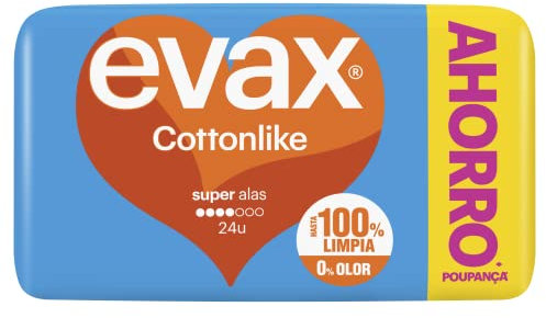 Evax Cottonlike Super Compresas Con Alas, Pack de 24, Protección Durante El Día, Absorben Flujo Repentino, Eliminan Malos Olores, Capa Superior Extrasuave, 100% Limpia y 0% Olor