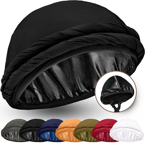CAPLORD Satin Lined Turban for Men - Satin Skull Cap - Pre-Tied Head Wrap Men Durag for Women - Silk Hair Headwrap - Unisex Bamboo Viscose Mens Head Scarf Black