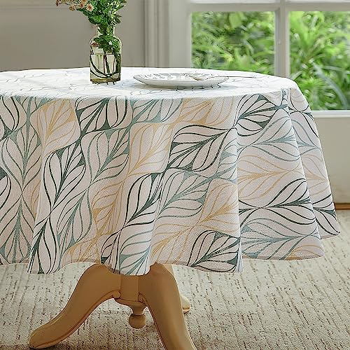 Wracra Stripe Leaves Tablecloth Cotton Linen Vintage 140cm Table Cloth Round Indoor Outdoor Table Cover Suitable for Party,Picnic,Dining,Garden(Round 140cm)