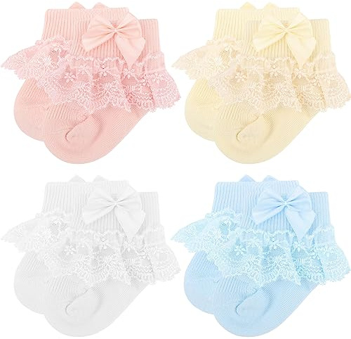 DRESHOW Chaussettes à nœud en Dentelle pour Bébé Chaussettes Habillées en Dentelle Froufroutante pour Nouveau-nés et Jeunes Filles