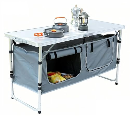 JOUYEK Camping Table, Folding Camping Table with Storage, Portable Kitchen Table, Lightweight, 3 Heights Adjustable Camping Furniture for BBQ, Picnic, Camping, Hiking, Beach, and Indoor