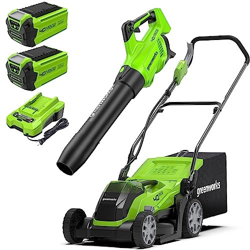 Greenworks Tosaerba a batteria + soffiatore a batteria (93 km/h, 14,2 m³/min) per superfici fino a 500 m², larghezza di taglio 41 cm, sacco da 50 litri Plus due batterie da 40 V 2 Ah con caricatore