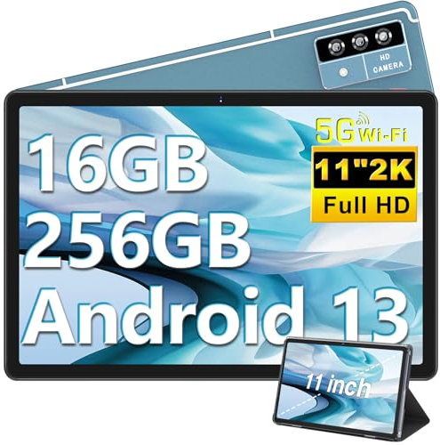 Oangcc 2024 Tablet 11 Zoll 2K-Anzeige Android 13 OS 16GB RAM+256GB ROM(TF 1 TB), 8600mAh, 5G WLAN, Google Zertifizierung,4 Lautsprecher,8 Core 2.0 GHz,5+13MP | BT 5.0 | Schutzhülle mit Tablette - Blau