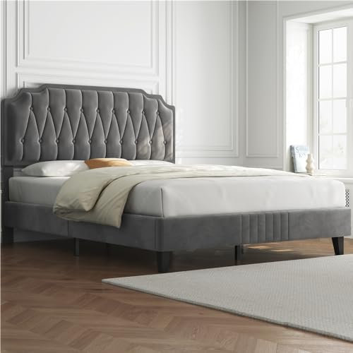 Yaheetech Marco de Cama 140 x 200 cm con Cabecero Tapizado Ajustable en Altura Soporte de Láminas de Madera y Patas Metálicas Gris Oscuro