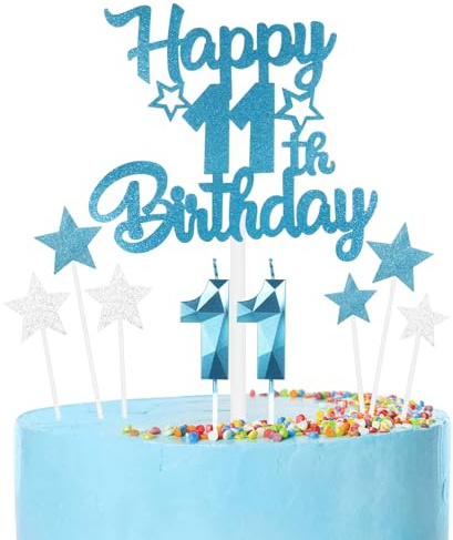 Set di candele per torta per 11° compleanno blu,11° Decorazioni di compleanno per ragazzi,Candele numero 11 per torta,blu stella torta con d'argento per decorazioni di festa per ragazze ragazzi
