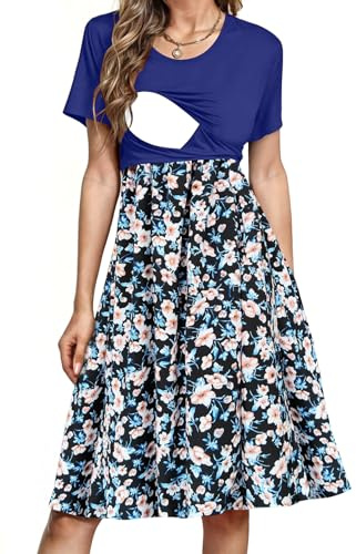PARNIXS Women's Nursing Dress Summer Short Sleeve Patchwork Pregnancy Clothes with Pockets, Medium
