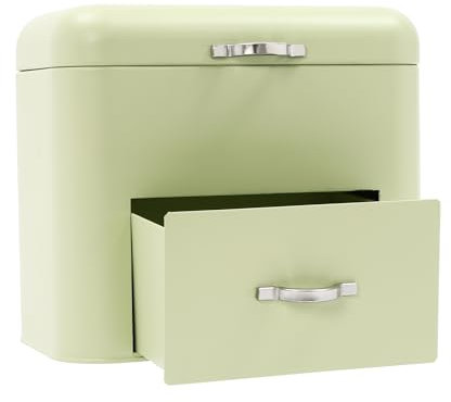2-Layer Metal Bread Boxes, Bread Storage Box, Bread Fresh Keeper Bin Organizer with Top Lid and 1 Drawer, for Storing Breads, Pastries, Doughnuts, Cookies, Grains, Cosmetics, 30*20.5*26.5cm (Green)