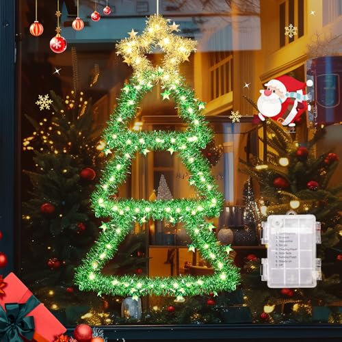 GlobaLink Rideau de Noël Lumineux Sapin,Sapin Noël LED Guirlande Lumineuse Fenêtre Blanche Chaude, Arbre Décoration Lumineux 8 Modes Exterieur Intérieur Pile Décoration Éclairage