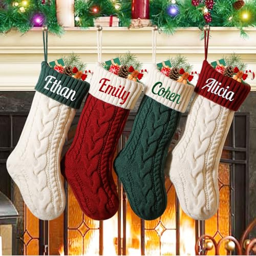 guccde Personalized Christmas Stockings, 18 Large Custom Knit Christmas Stockings with Embroidery Name, Color-Contrast Twisted Stocking for Xmas Holiday Decoration(1 Pcs)