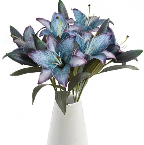 Libeking Lot de 6 Fleurs de lys artificielles en Soie Bleue Vintage pour Arrangements Floraux, Bouquet de Mariage, fête, mangeur, décoration de Table (Bleu)
