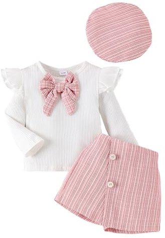 LUVCES Ensemble Jupe Bébé Fille Manches Longues à Volants Tricoté Tops à Nœud Papillon + Elegante Mini Jupe + Béret 3Pcs Automne Hiver Vêtements Tenues Rose 9-12 Mois