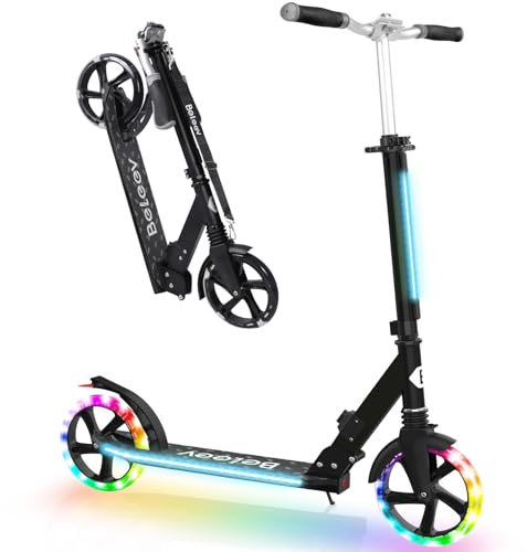 BELEEV Big Wheel Scooter mit LED Leuchtenden Lenksäule, Deck, Wheels, Höhenverstellbar, ABEC-9, 200mm Räder,Federung,Tragegurt, Faltbare Cityroller Kinder ab 6 Jahre,Jugendliche,Erwachsene, Tretroller