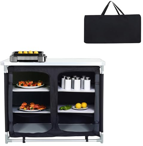Warmiehomy Folding Camping Table Storage Cupboard Portable Camping Kitchen Unit with Aluminium Frame, 1 double cupboard, 100×50×80cm