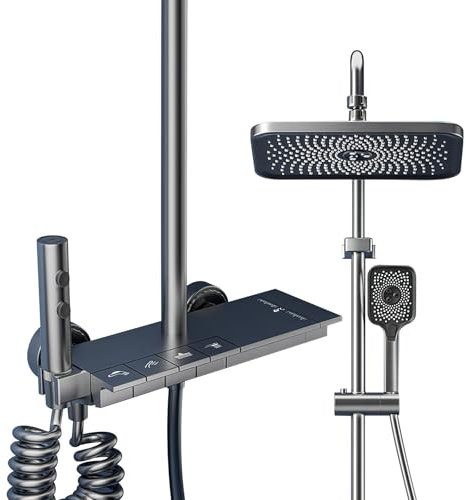 LED Affichage Numérique Colonne De Douche Thermostatique, 80-120cm Barre De Douche Hauteur RéGlable, Colonne De Douche Avec Tete De Douche 20 * 30cm, 3 Mitigeur Douche Avec éTagèRe (A)