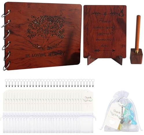 Contid Funeral Guest Book Wooden Guest Books for Memorial Service Celebration of Life in Loving Memory Guest Sign Book Set -Included Table Sign,Pen, Angel Keychain and Thank You Card