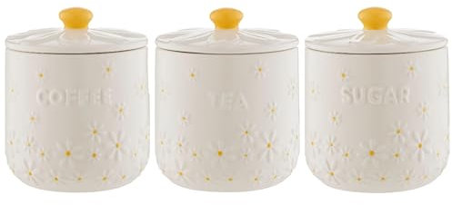 Price & Kensington Ceramic Tea, Coffee and Sugar Canisters Set, White with Daisy Pattern, Yellow Lids
