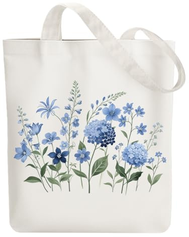 ANATTASOUL Borsa di Tela Shopper Donna Canvas Tote Bag Aesthetic Borse in Tela Cotone Borse Stoffa per la Scuola Lavoro Shopping Riutilizzabili Spesa（Fiori Blu）