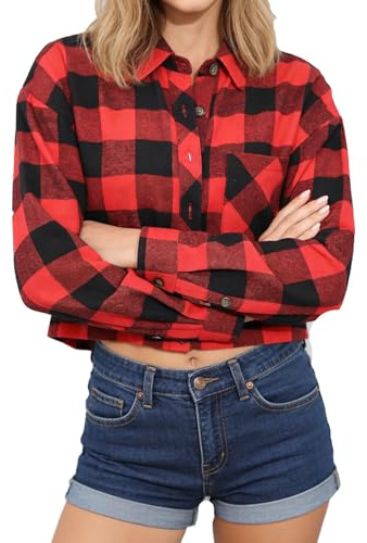 Dressmine Cropped Ladies Blouse Spring Red Plaid Button Down Shirts Check Cardigan Red Tshirts Checked Cowboy Shirt Size 14