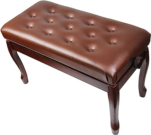 Pianopall, sminkbordspall, justerbar pianopall, hydraulisk pianobänk för 2 personer med automatisk lyftfunktion, PU-läder, massivt lövträ, svart, brun, brun,Brown