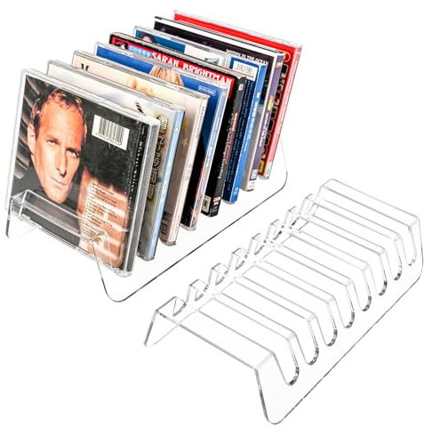CELSOL 2 Pack Acrylic CD Holder Display Stand, Clear Desktop Rack Organizer for 16 Jewel Cases, Modern Vinyl Record Now Playing & Tablet Holder
