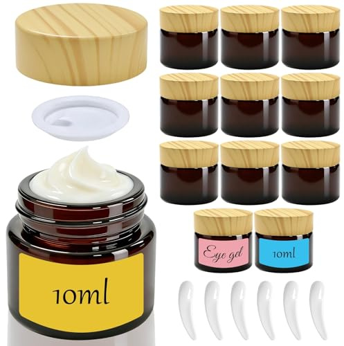 Maxumille 12 Stück Döschen 10ml, Leere Cremedosen zum Befüllen mit 7 Zubehören, Mini Amber Glas Leerdose für Augencreme Reise, Leere Salbendosen für Kosmetik, Lotion, Braunen Glasbehälter für Cremes
