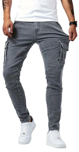 WINKEEY Cargo Jeans Homme Slim Fit Tapered Stretch Pantalon Cargo Multi-Poches Jean des Travail Coupe Droite Ajustée en Tissu Élastique, Gris M