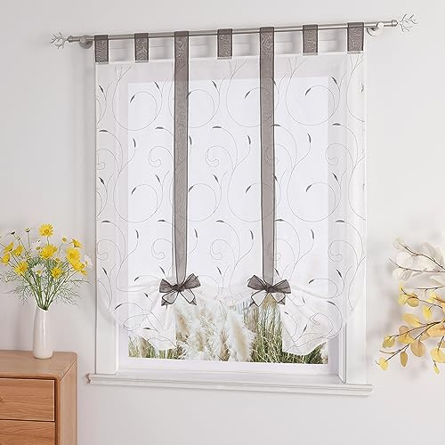 Yujiao Mao Rideau Store Romain intérieur Transparent avec Motif de Vigne, 1 pièce avec Liens, pour Cuisine, Salon, Chambre, Balcon, Gris LxH 60x140cm