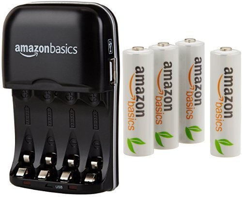 Amazon Basics - Cargador de pilas AA y AAA y pack de 4 pilas recargables AA (1000 ciclos, 2000 mAh)