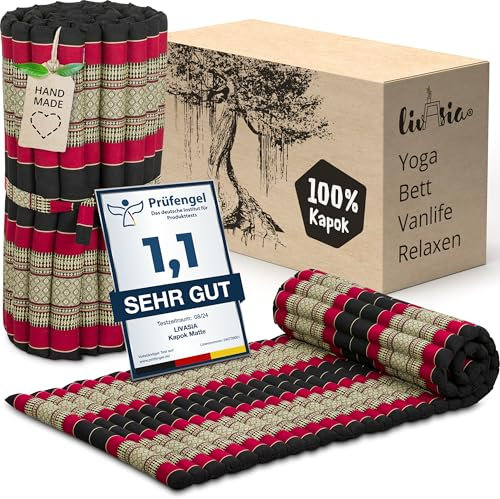 livasia Rollmatte Rollmatratze M schmal Einzelbett - 200x75x4,5cm - Gästebett Gästematratze 1 Person mit Muster, Reisebett Kofferraum outdoor, Thaimatte Kapok Garten handgefertigt (Schwarz/Rot)